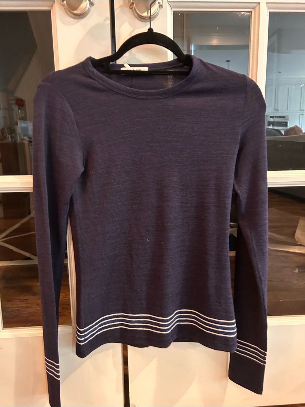 rag & bone Navy Crewneck Sweater with White Stripe Trim
